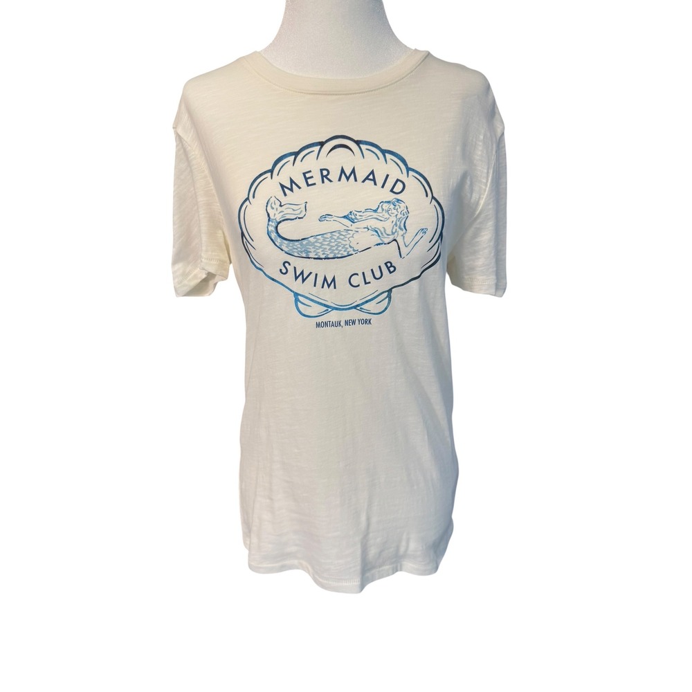 J.Crew Mermaid Swim Club Montauk NY Graphic Tee Slub Cotton Ivory XS CA556